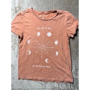 Lucky  Brand Womens XS Terracotta Celestial Graphic Tee Distressed Boho Mystic